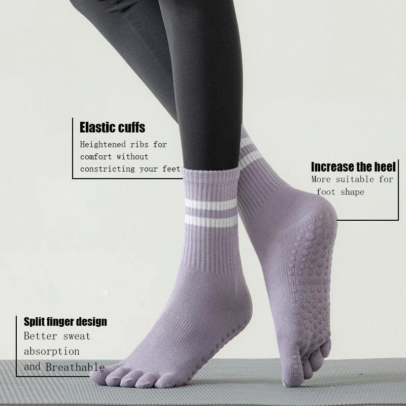 8 Pairs Women's Professional Non-slip Sports Yoga Running Fitness Multi-functional Mid-calf Solid Color Five-finger Dot Rubber Socks