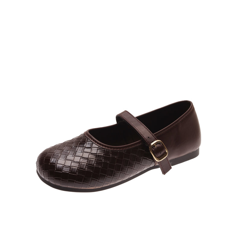 2026 Spring Autumn Woven One-Strap Buckle Granny Shoes, Genuine Leather Mary Jane Versatile Flats Women