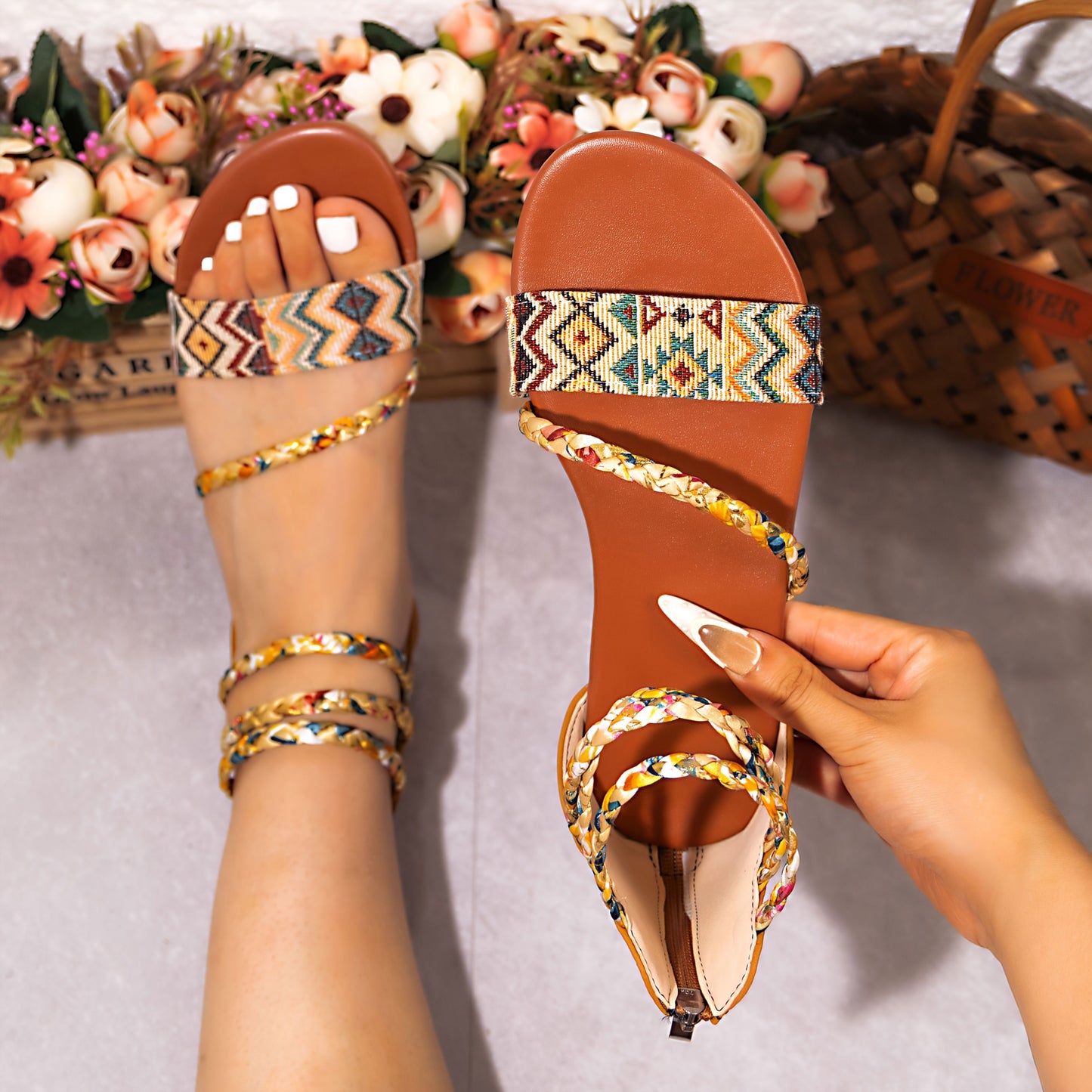 Women's Bohemian Roman Sandals - Open-Toe Flat Shoes with Back Zipper