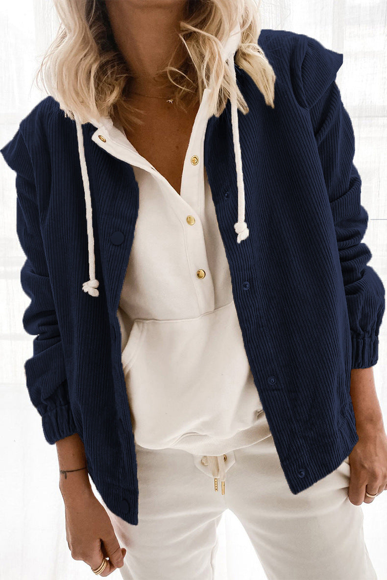 Solid-color Corduroy Cardigan A Casual Relaxed-fit Long-sleeve Jacket With A Lapel Collar