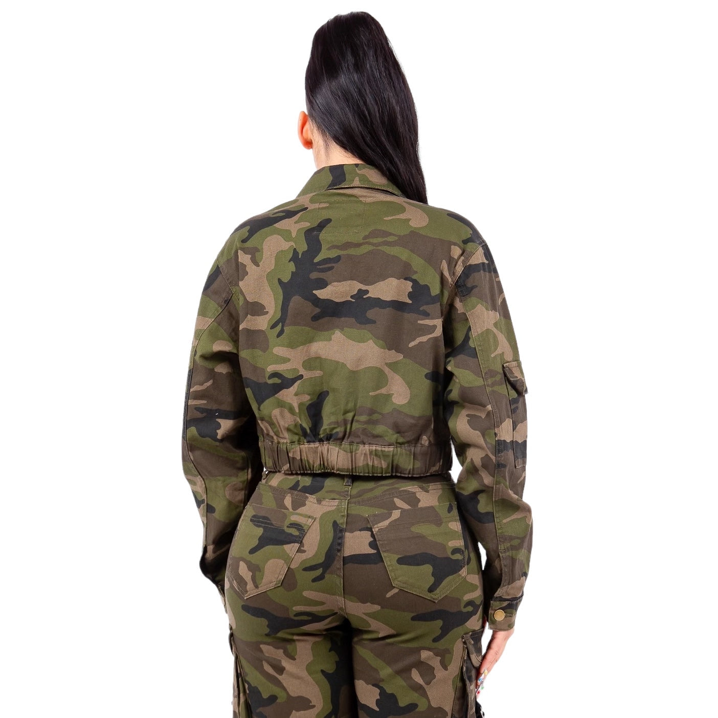 Chaqueta Corta de Camuflaje con Bolsillo Utilitario y Correa -{Pantalones Jogger a Juego Disponibles -Enlace en la Descripción}
