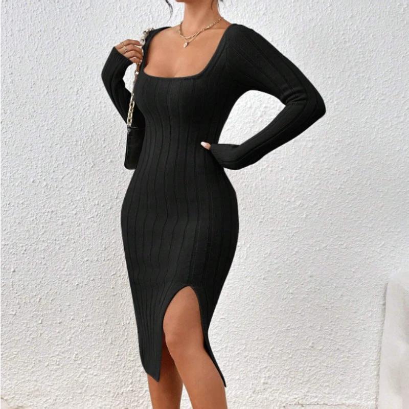 Square Collar Long Sleeve Knitted Dress Women