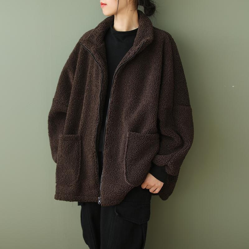 Plus-size Loose-fitting Long-sleeve Womens Casual Lambswool Coat