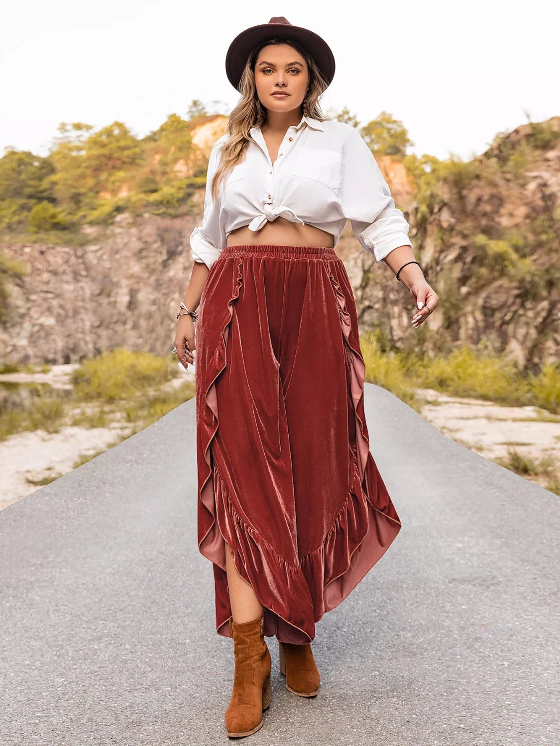 Plus Size Velvet Ruffle Hem Wide Leg Pants