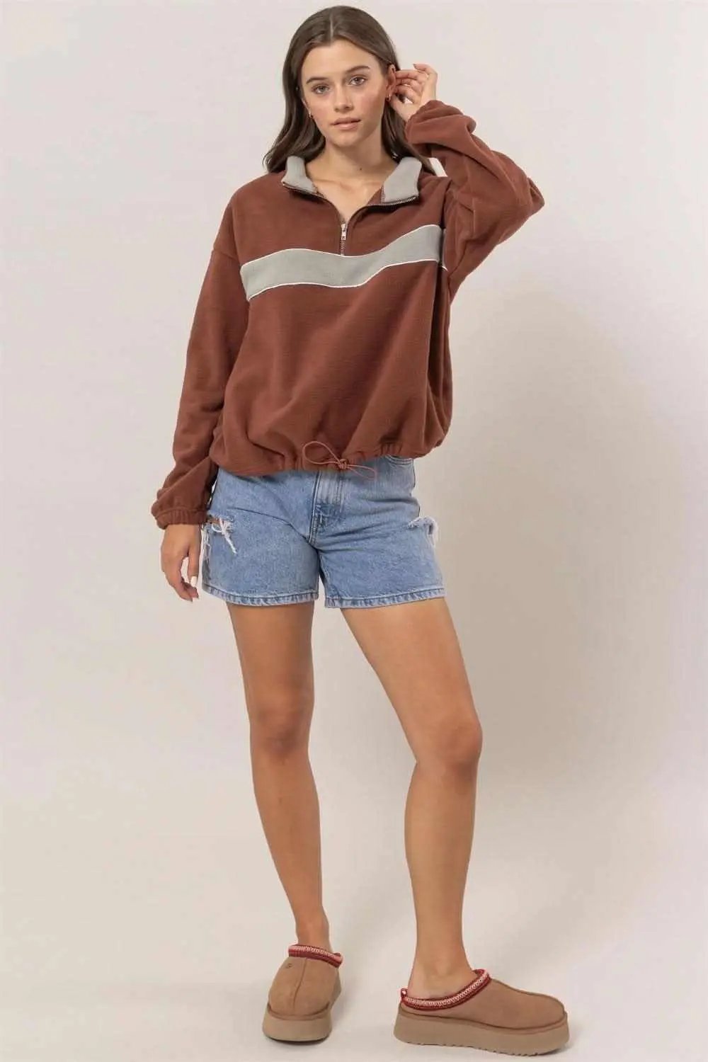 Trendsi Fleece Color Block Women's Half Zip Sweatshirt: Comfy & Stylish