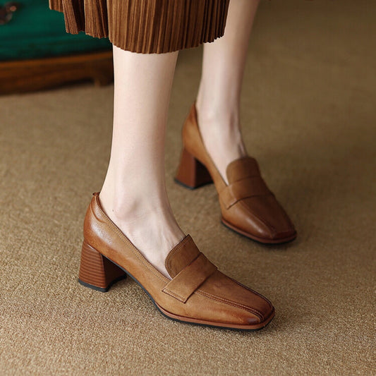 Women's Sheepskin Square Toe Chunky Heel Pumps – Retro High Heel Dress Shoes