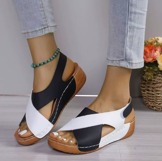 Colorblock-crossed Wedges Sandals Summer Fashion Fish Mouth Platform Roman Shoes For Women