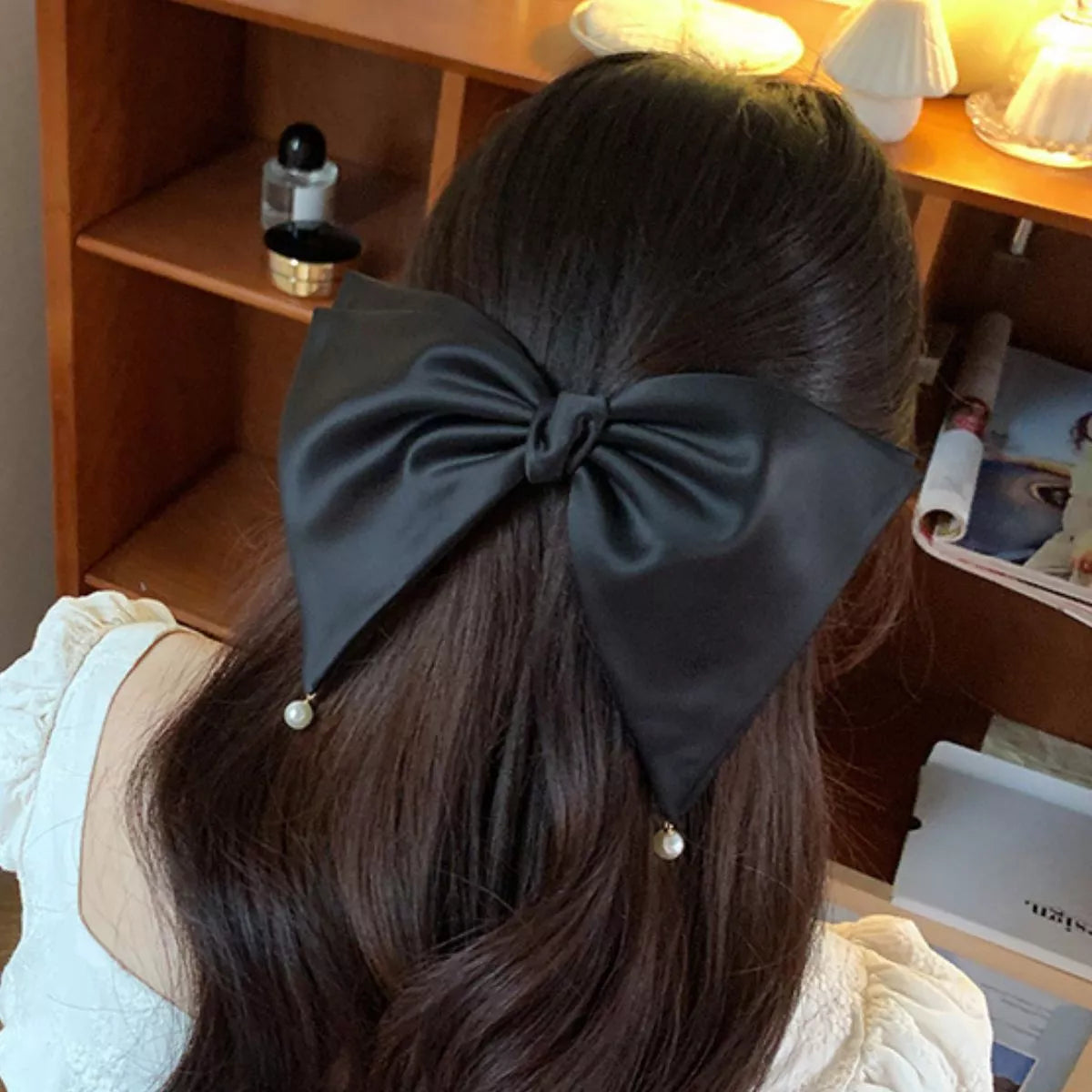 Satin Pearl Bow Hair Clip