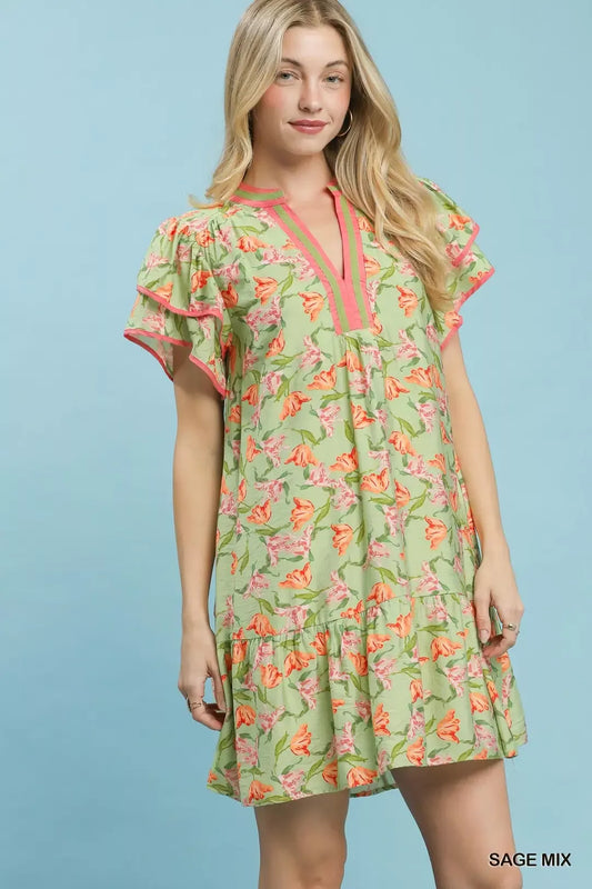 Umgee Floral Flutter Sleeve Tiered Dress