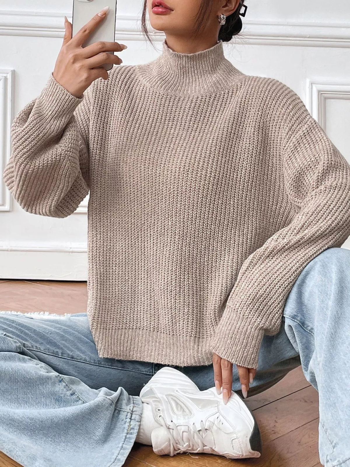 Cozy Knit Turtleneck Dropped Shoulder Sweater