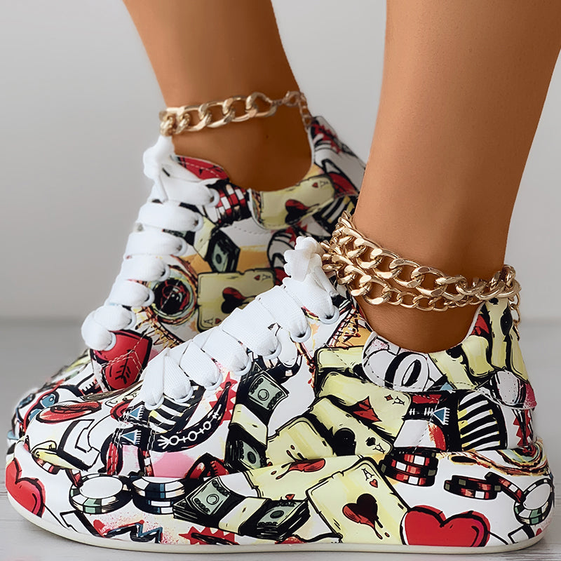 Zapatillas deportivas informales para mujer con puntera redonda, suela gruesa y cordones, diseño con estampado aleatorio, zapatos deportivos cómodos para uso diario. Consulte la tabla de tallas en "más detalles".