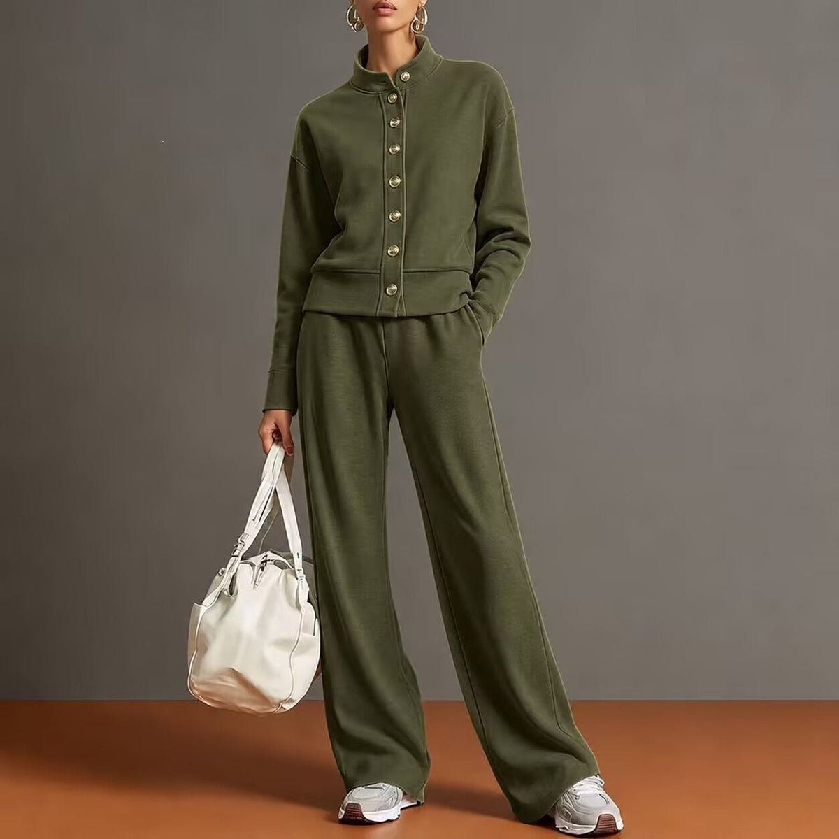 Women's Stand-Collar Button Cardigan & Wide-Leg Pants Set