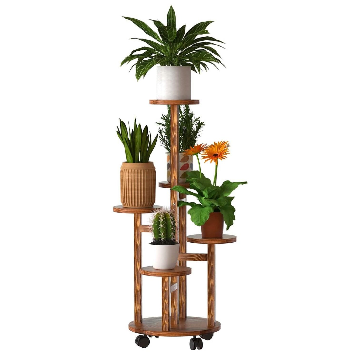 5-Tier Plant Stand with 4 Detachable Wheels Wooden Plant Pot Rolling Shelf