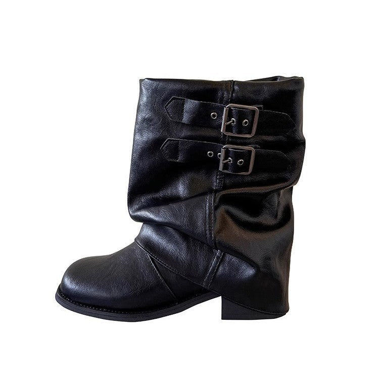 Genuine Leather Black Chunky-sole Ankle Boots