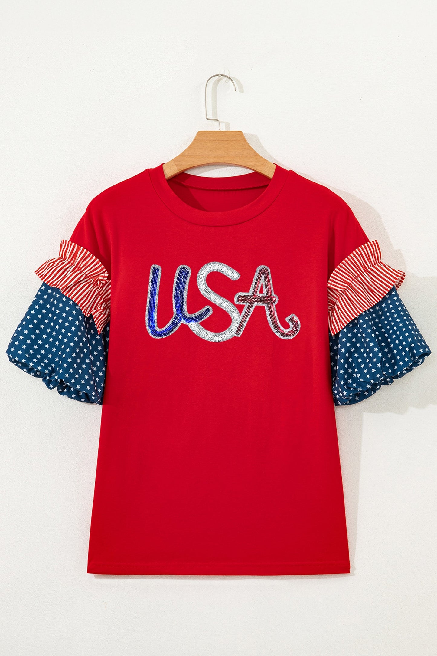 Fiery Red Sequin USA Lettering Patriotic Contrast Splicing Sleeve Top