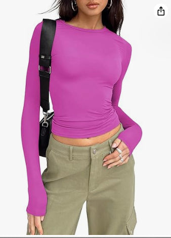 Camiseta de manga larga ajustada | Tops cortos casuales para mujer