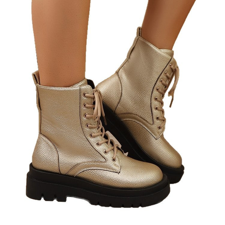 Leather Short Tube Lace-Up Round-Toe Platform Boots
