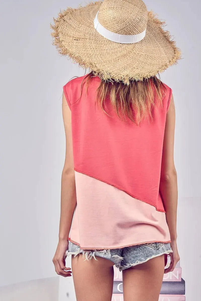Trendsi Henley Top Color Block Coral Blush Soft Casual