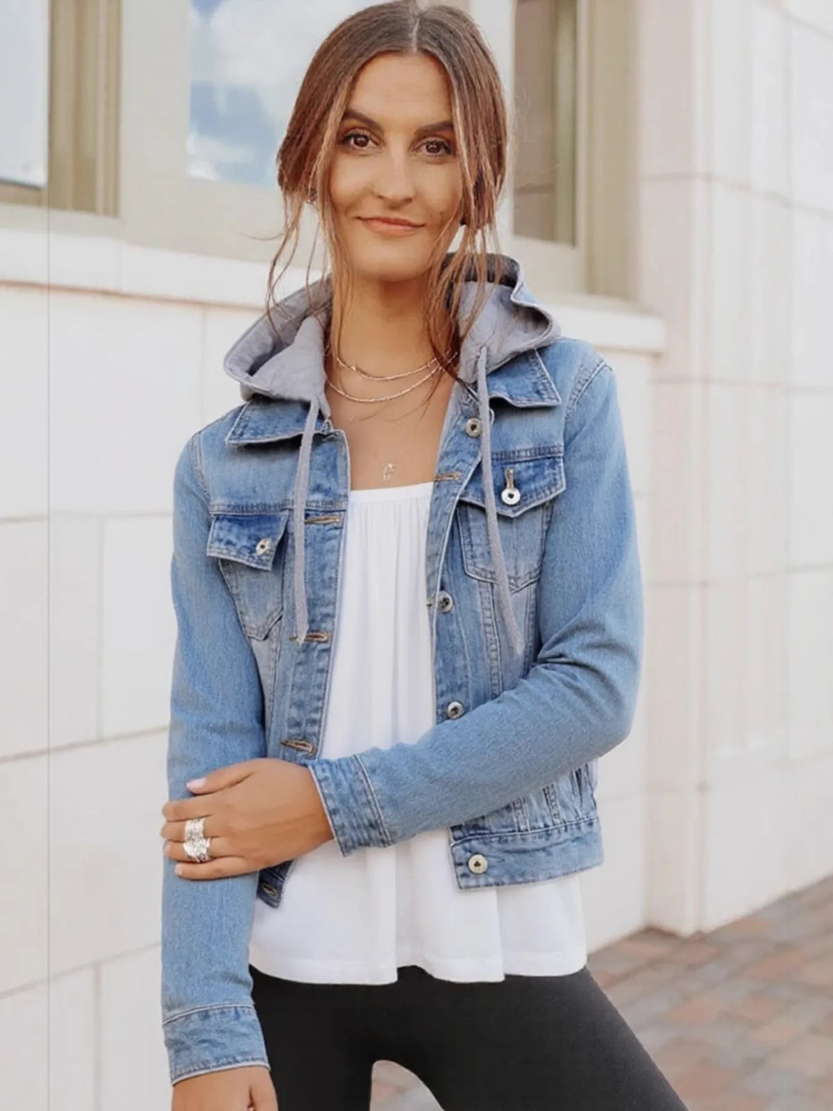 Full Size Button Up Drawstring Hooded Denim Jacket Plus Size