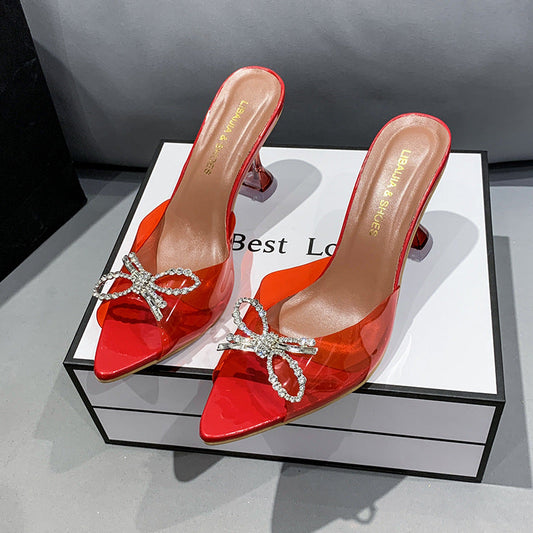 Plus Size Women's High Heels Big Bow Rhinestone Buckle Wedding Shoes Crystal Red High Heel Sandals See size chart under “more details”