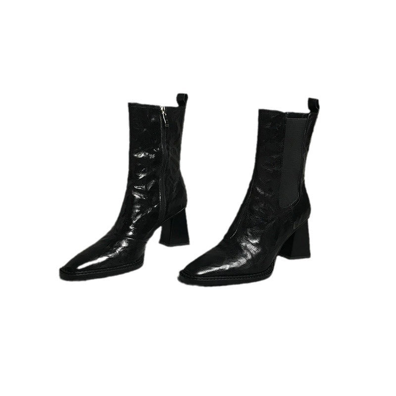 Women's Square Head Boots With Chunky Heels
