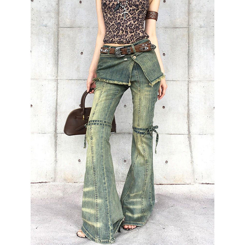 Womens Distressed Lace-up Vintage-style American Denim Jeans