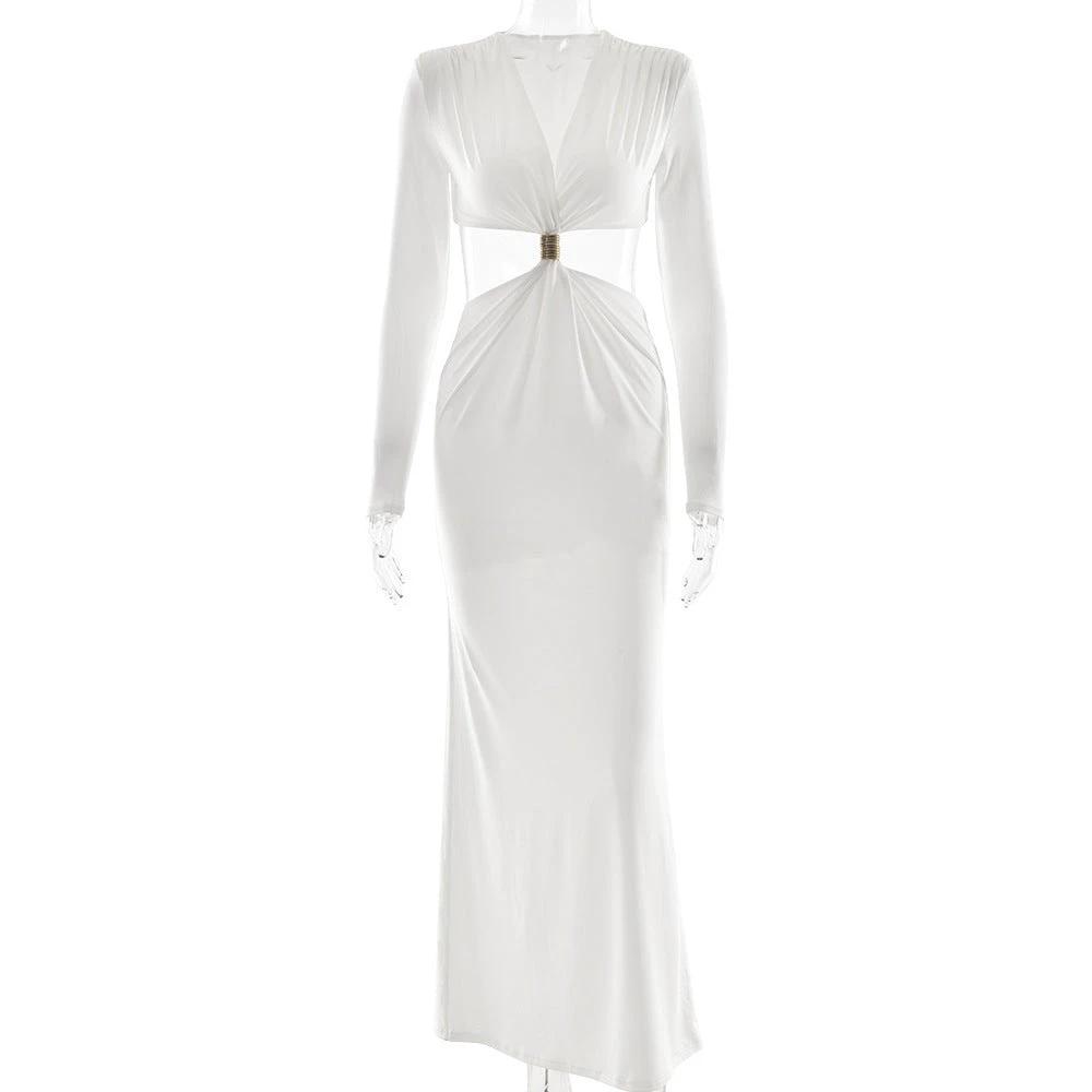 Elegant Deep V Long Sleeve Dress Sexy Cutout