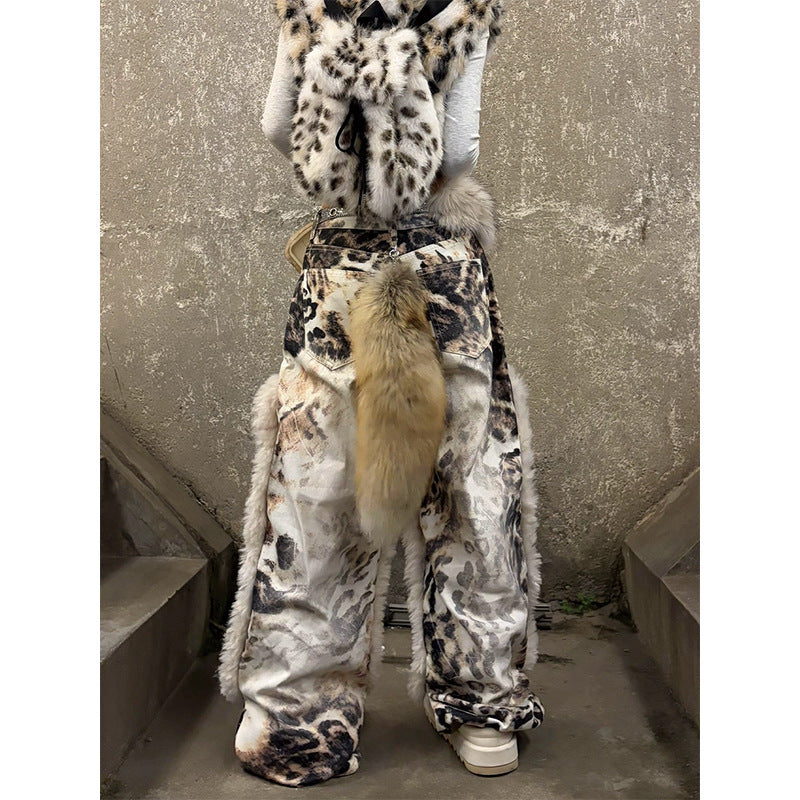 Vaqueros de mezclilla de retazos de felpa con estampado de leopardo retro estilo americano para mujer. Consulta la tabla de tallas en "más detalles".