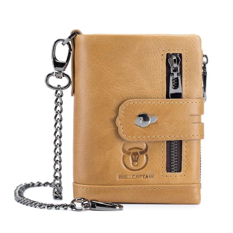 Men's Retro Genuine Leather Wallet Compact Bifold With Dual Zippers