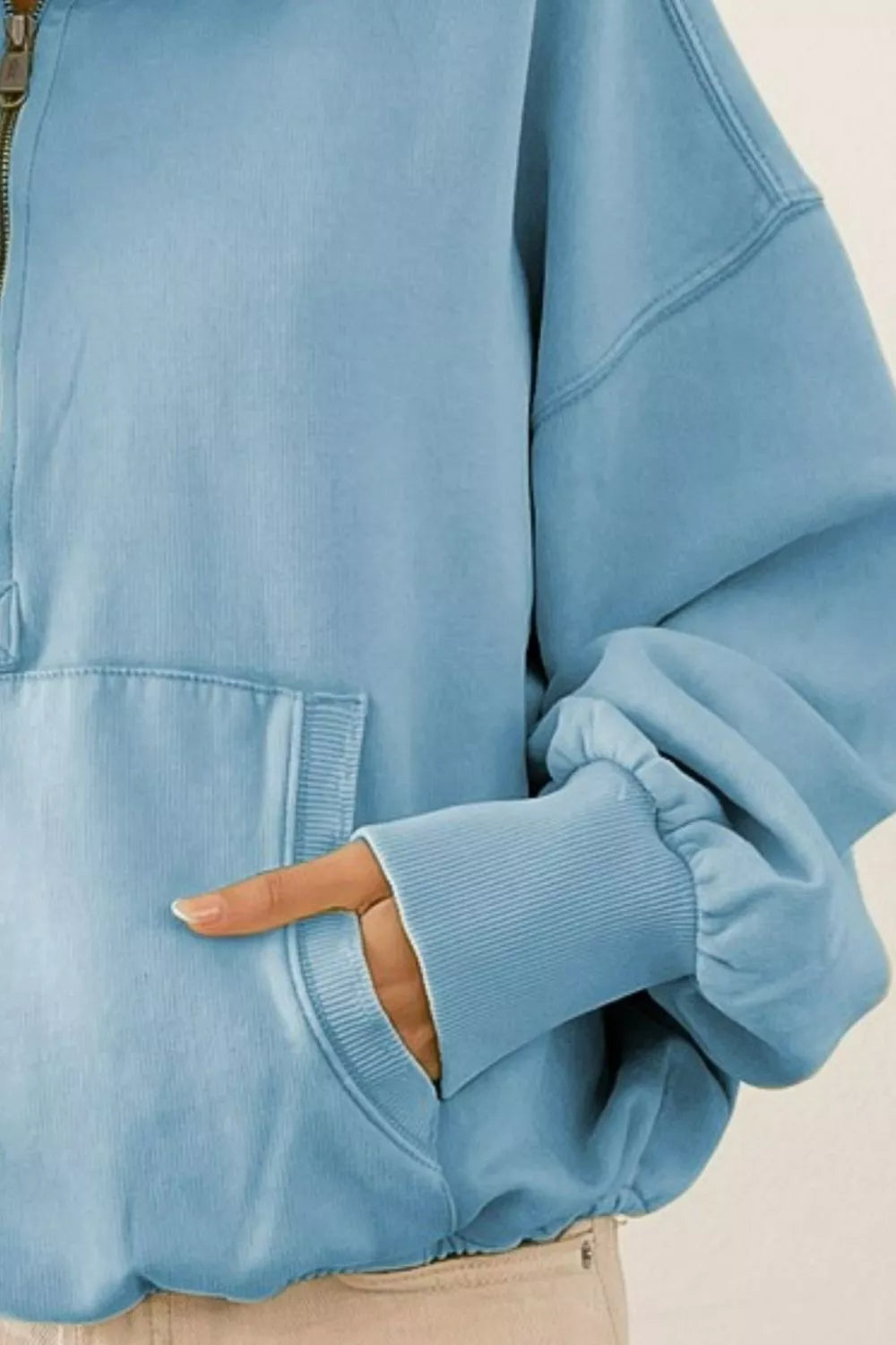 BiBi Stitch Detailed Elastic Hem Half Zip Fleece Hoodie See size chart under “more details”