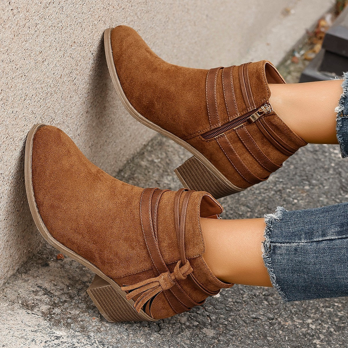 Women's Suede Chunky Heel Ankle Boots – Tassel Strap Side Zipper