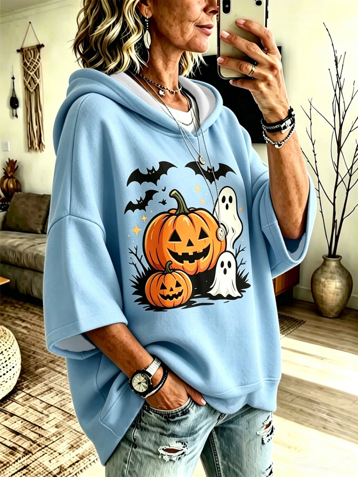Digital-print Halloween Casual Loose-fit Hooded Sweatshirt