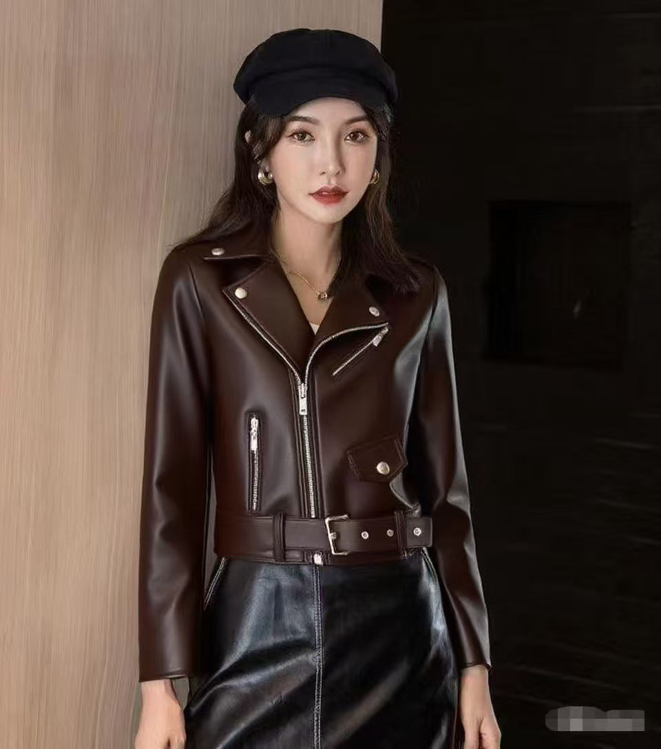 Women's Fashionable Leather Jacket Slim-Fit Coat