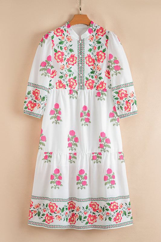 Vestido maxi con estampado floral blanco, cuello mandarín de medio botón y manga 3/4