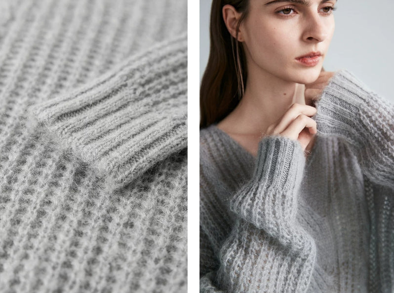 Mohair V-neck Cable Knit Sweater