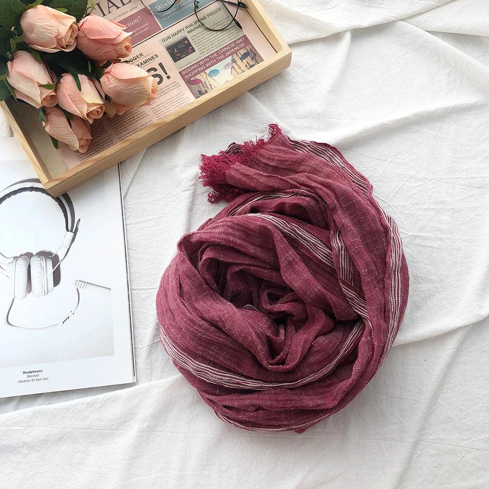 Thin Striped Solid Color Cotton And Linen Scarf