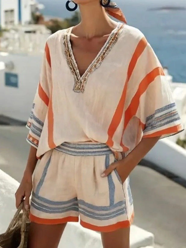 Conjunto de top con cuello en V y shorts de lino a rayas para mujer