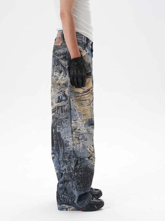Men's Ripped Graffiti Straight Jeans