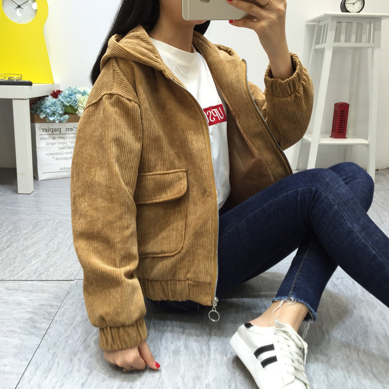 New Korean-style Hooded Corduroy Jacket, Short & Thick