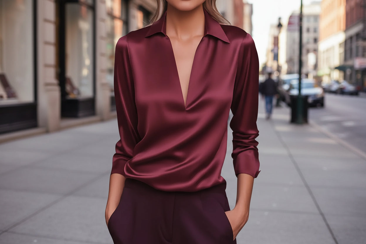 Elegante Blusa Formal de Manga Larga con Cuello en V y Acabado Satinado para Mujer