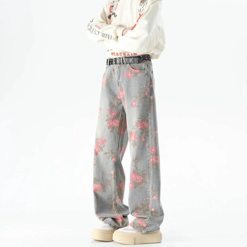 Men's Peony Jacquard Washed Loose Jeans