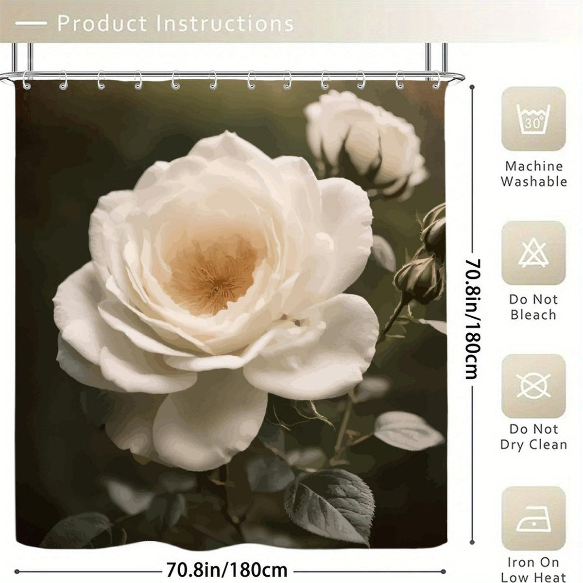 White Rose Waterproof Polyester Shower Curtain