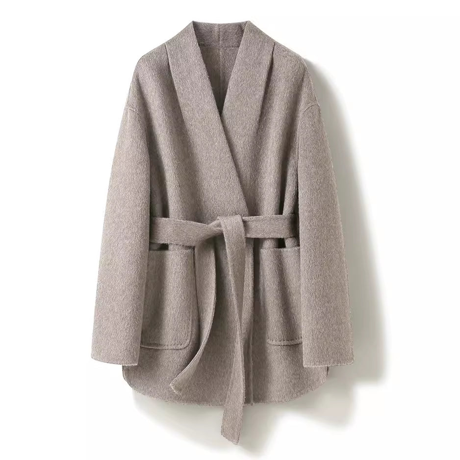 Camel-wool V-neck Wool Double-faced Wool Belted Coat