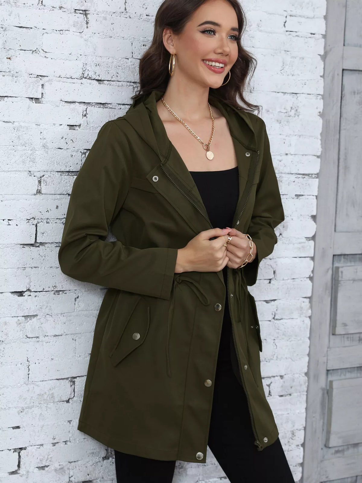 Hooded Drawstring Waist Casual Outerwear