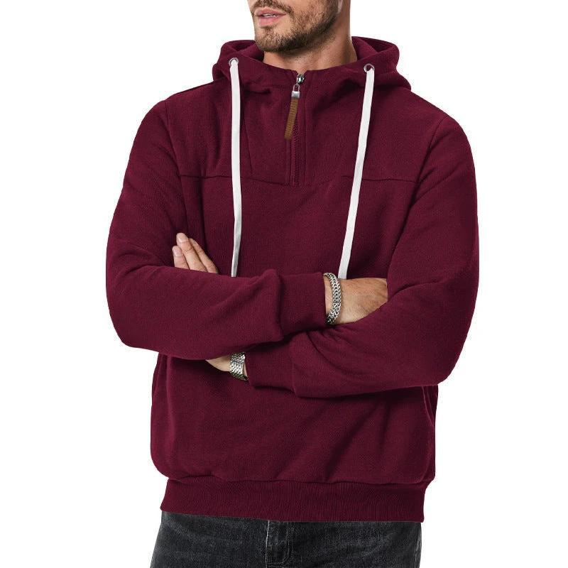 Men's Heavy Fleece-lined Half-zip Sporty Casual Hooded Sweatshirt