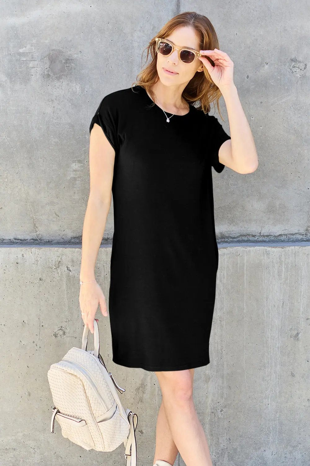 Dresses Trendsi Basic Bae Bamboo Dress Black Small Round Neck with Pockets