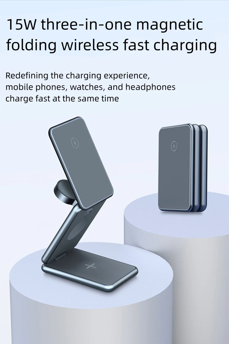 Alloy folding Magsafe15W magnetic wireless fast charging mobile phone earphone watch three-in-one folding wireless charger