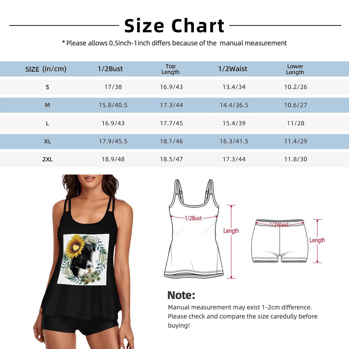 Women's Cute Black Puppy with Yellow Sunflower 2-piece Swimsuit with Straps(Made in USA)