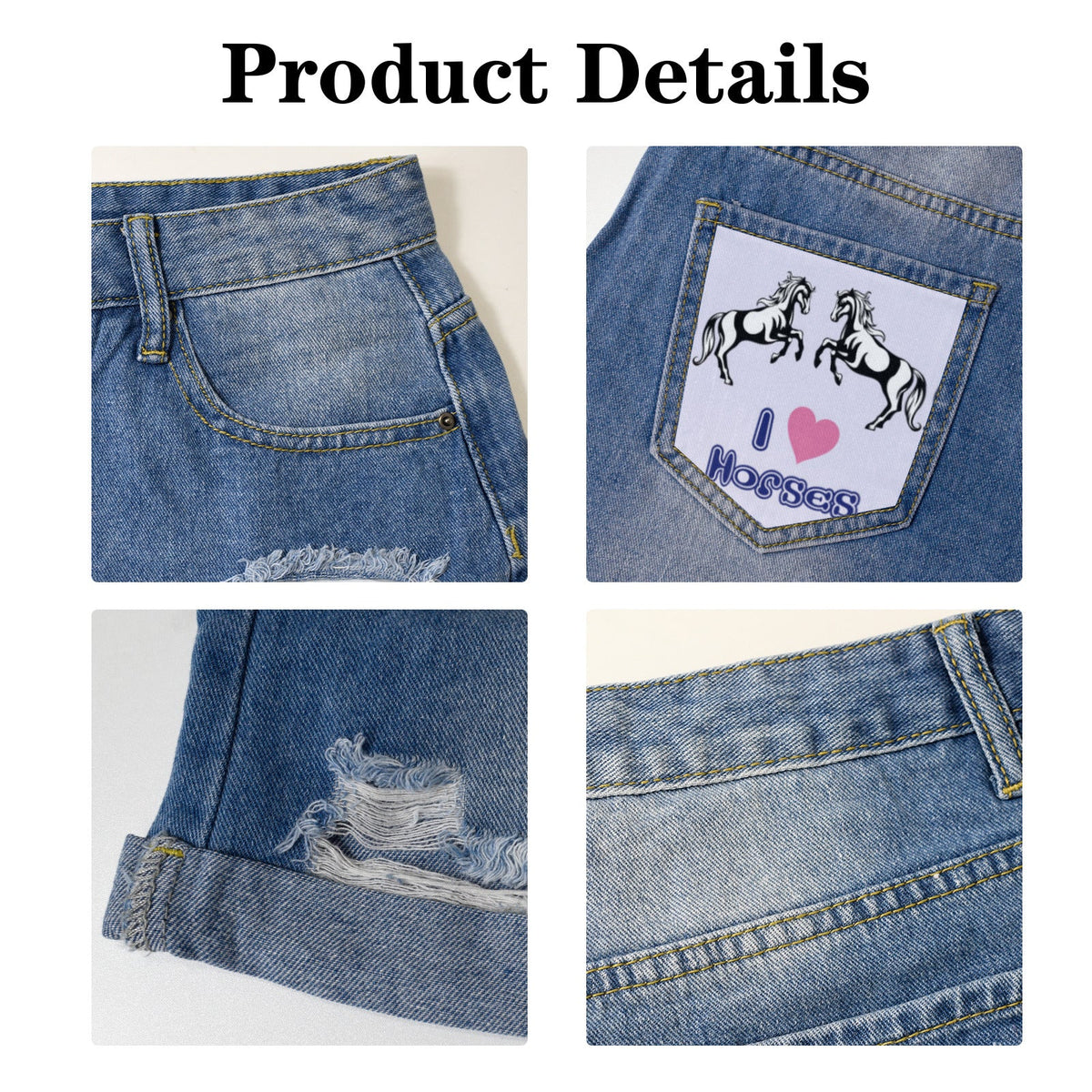 I heart Horses Light Blue Denim Shorts with Dual Pockets Design