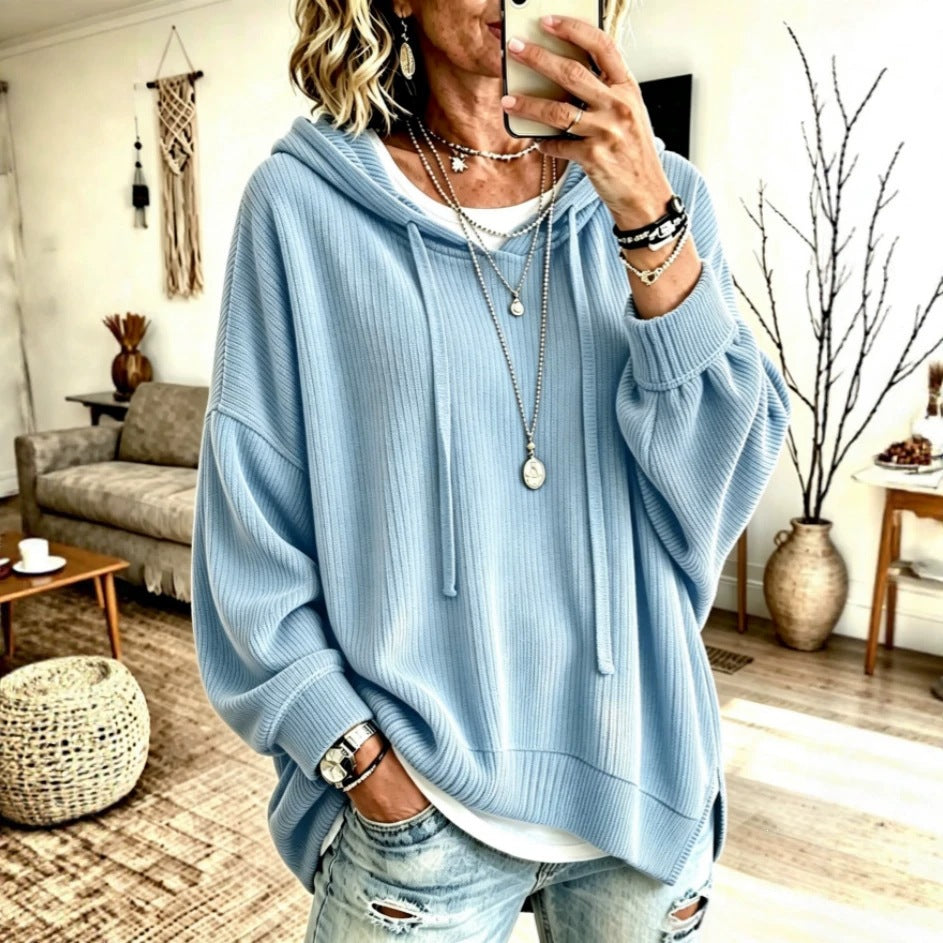Women Ribbed Knit Drawstring Hoodie, Long Sleeve Drop Shoulder Slit Hem Loose Casual Sweatshirt